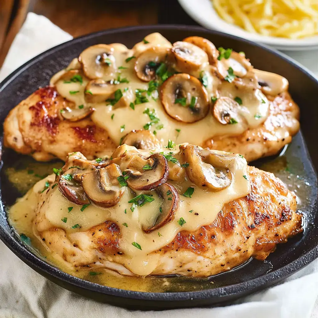 Un primer plano de dos pechugas de pollo cocinadas cubiertas con salsa cremosa, champiñones salteados y perejil fresco, servidas en un plato oscuro.
