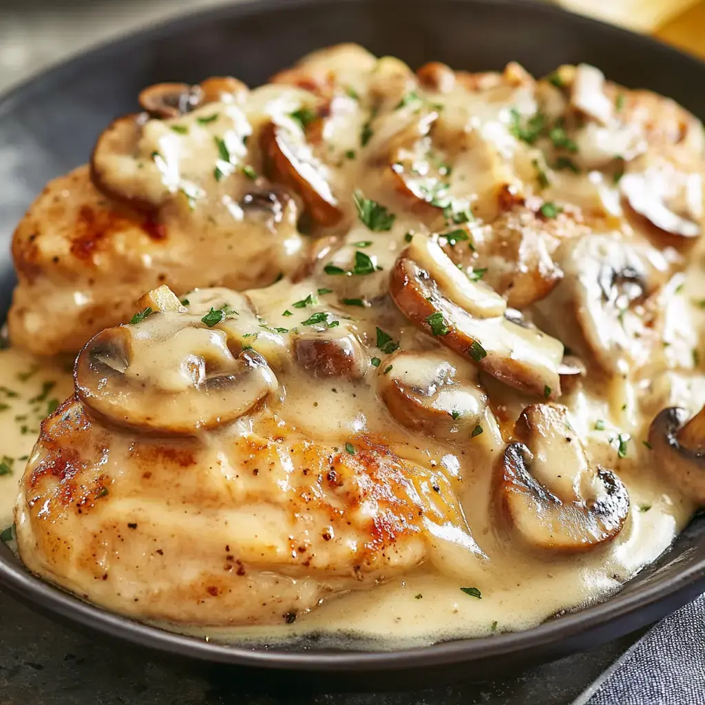 Un primer plano de dos pechugas de pollo cocinadas cubiertas con salsa cremosa de champiñones y adornadas con perejil, servidas en un plato negro.