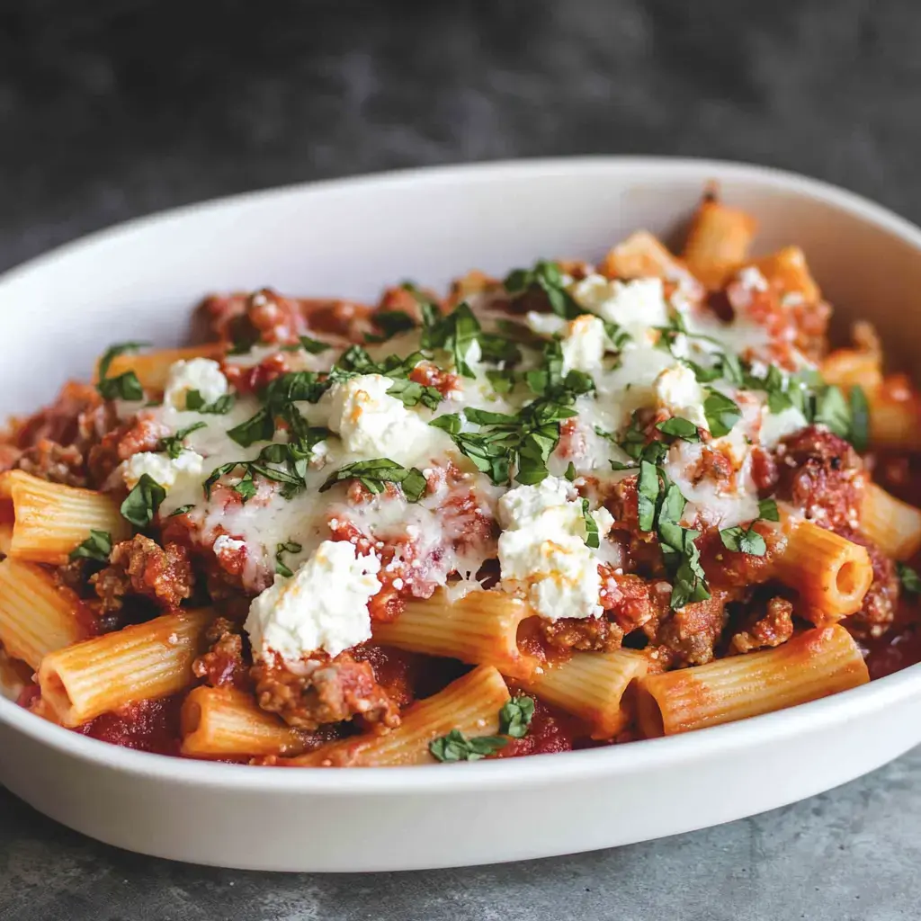 Un plato blanco lleno de pasta rigatoni cubierta con salsa de carne, queso fundido, ricotta y albahaca fresca.