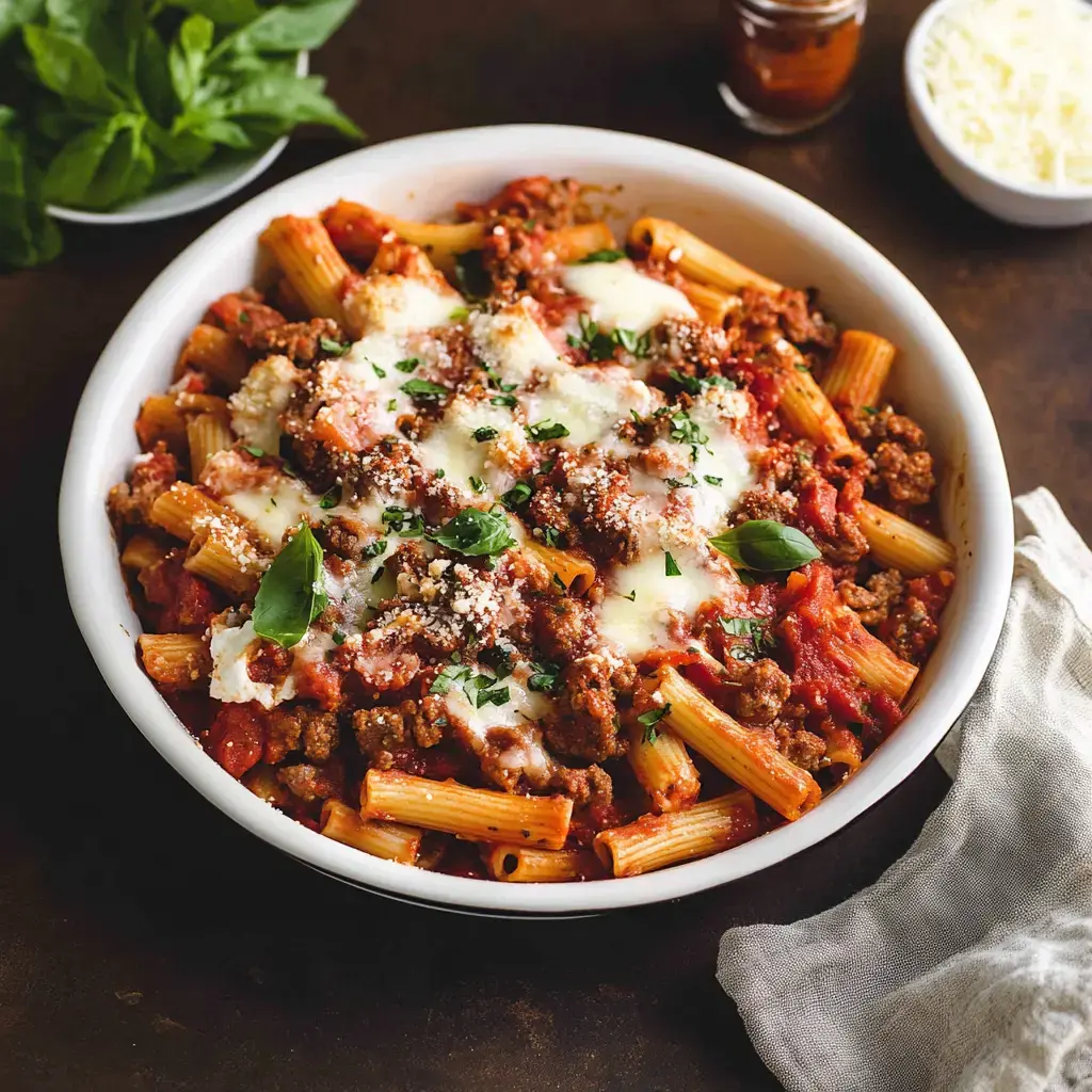 Un bol de pasta rigatoni cubierta con carne picada, salsa de tomate, queso fundido y decorada con albahaca fresca.