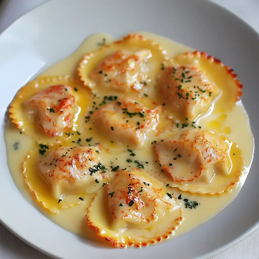 Un plato de raviolis bañados en salsa cremosa y decorados con perejil.