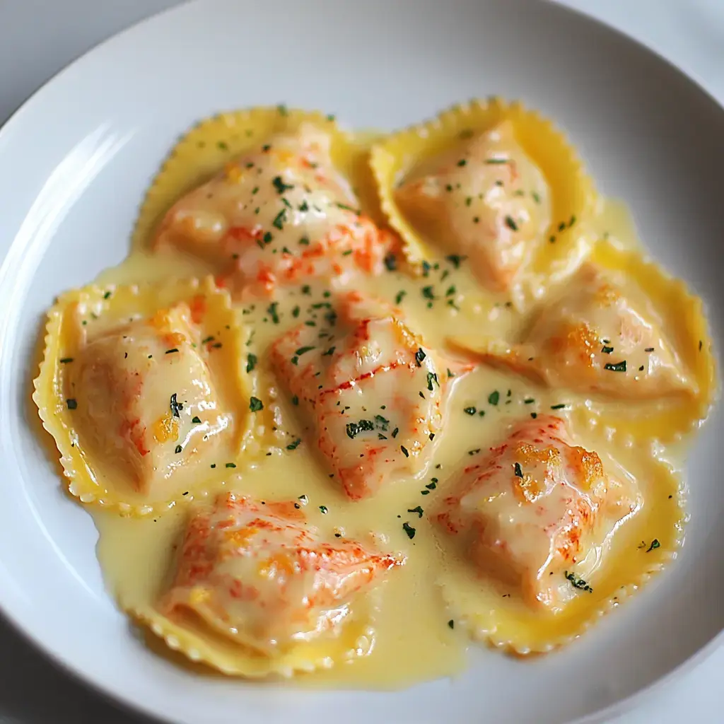 Un plato de raviolis en salsa cremosa, decorados con hierbas picadas.