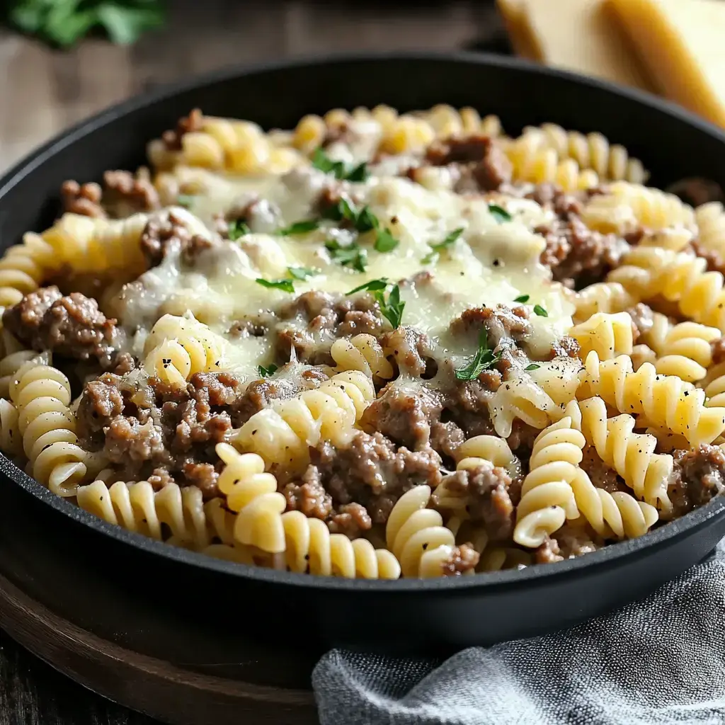 Una porción de pasta fusilli cubierta con carne molida y queso derretido, decorada con perejil, en una sartén negra.