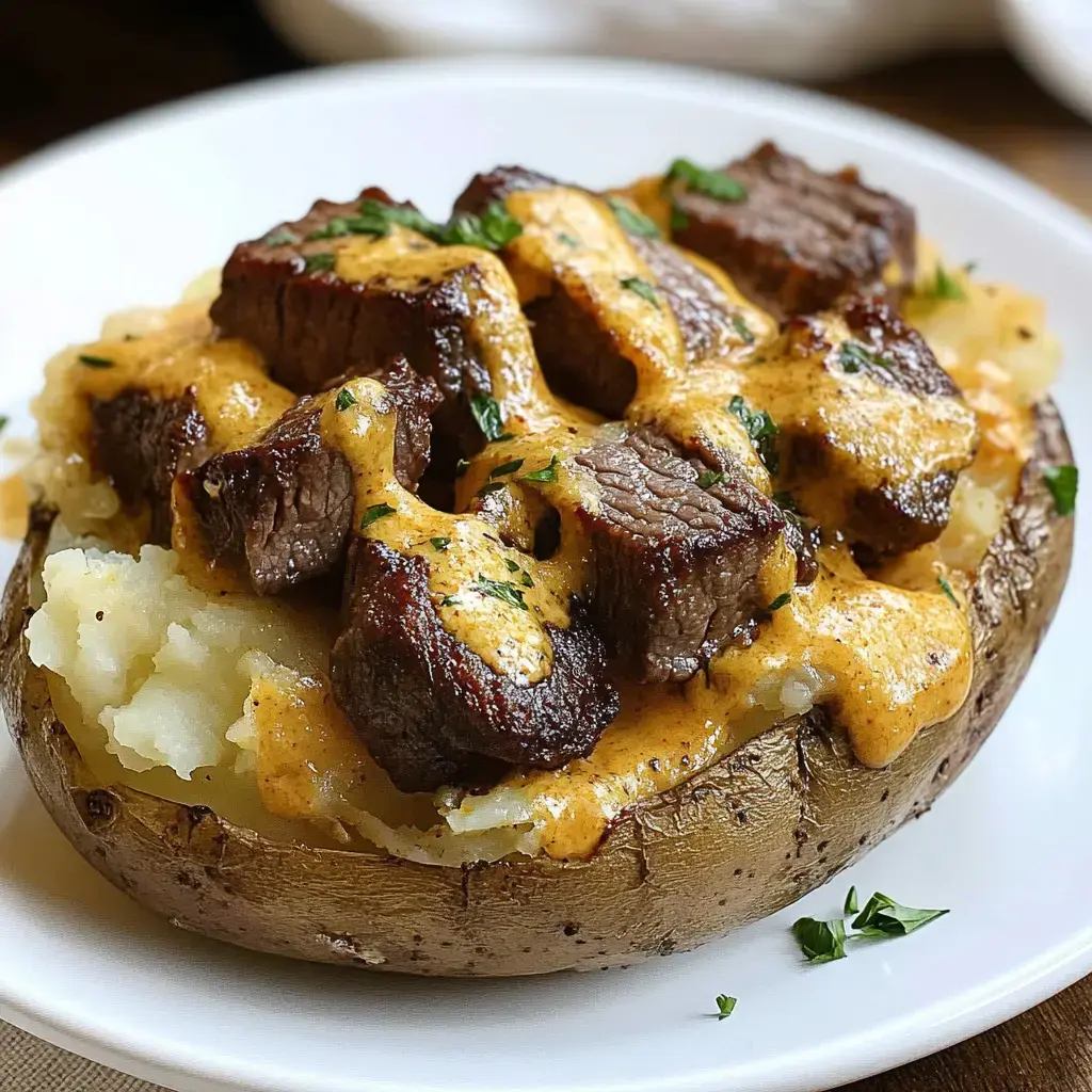 Una patata asada rellena con trozos de ternera y salsa cremosa.
