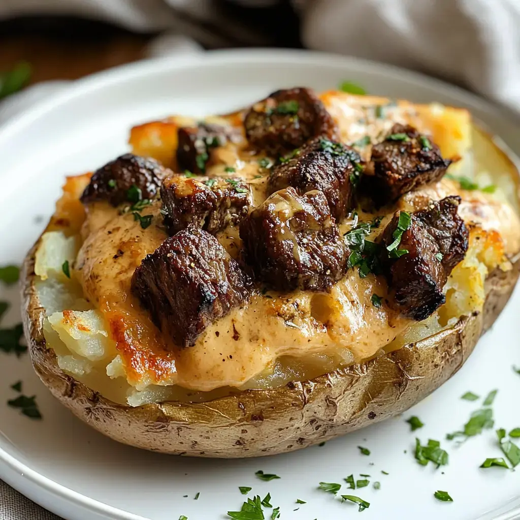 Una patata asada rellena con trozos de ternera, salsa cremosa y perejil fresco.