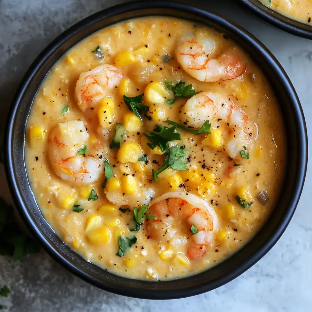 Un primer plano de un bol de crema de gambas y maíz adornada con perejil fresco y pimienta negra.