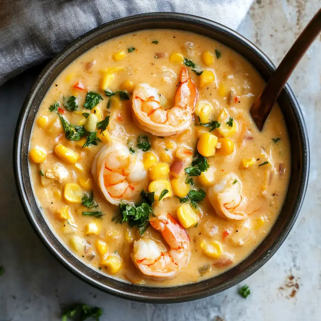 Un bol de sopa cremosa de gambas y maíz adornada con perejil fresco.