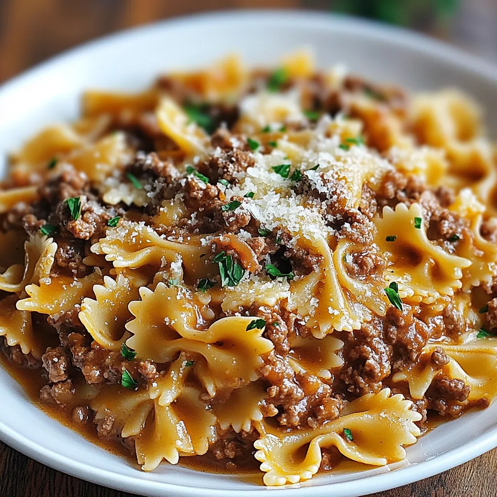 Primer plano de Pasta de Moñitos con Carne y Queso en Mantequilla de Ajo