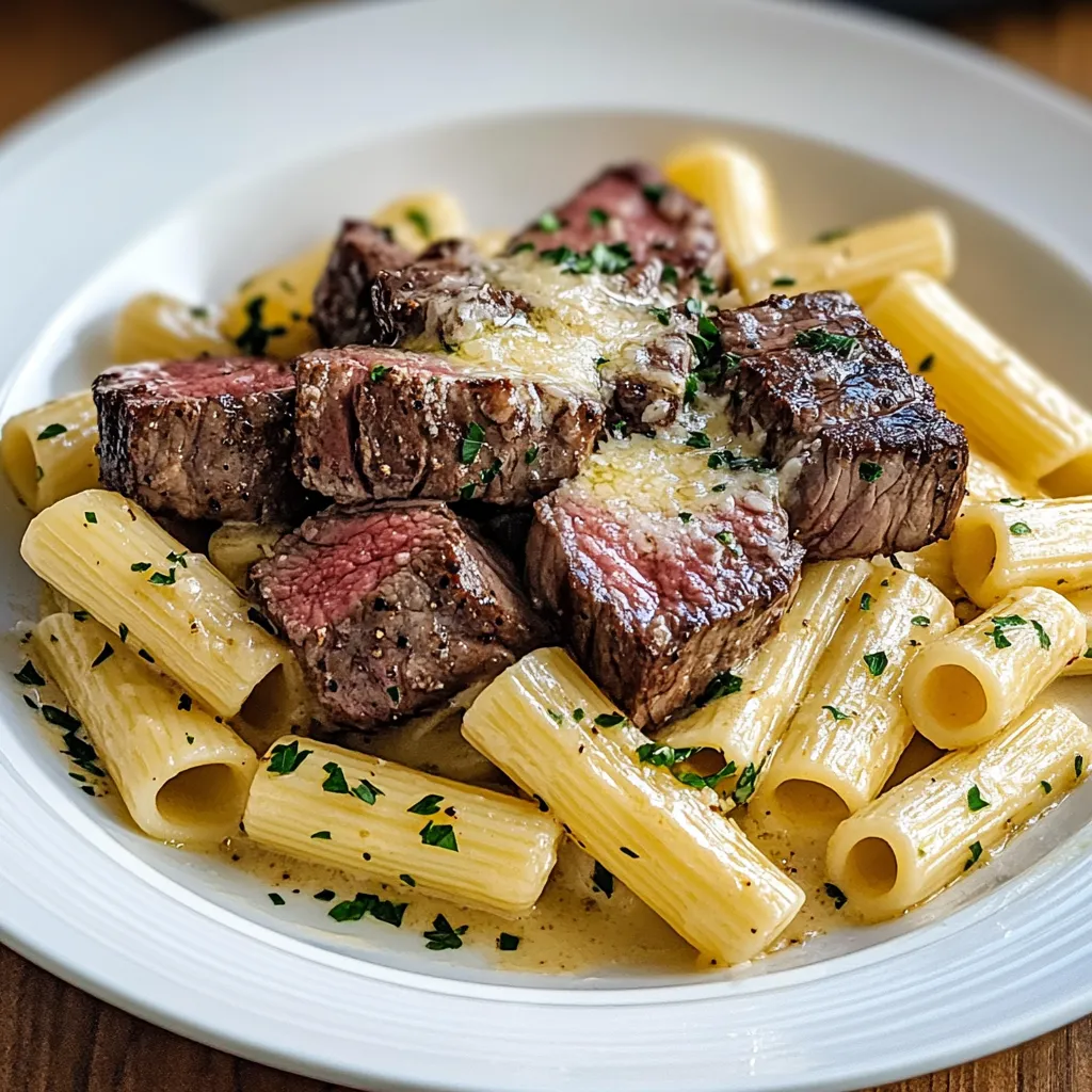 Delicioso filete con mantequilla de ajo y rigatoni cremoso al parmesano