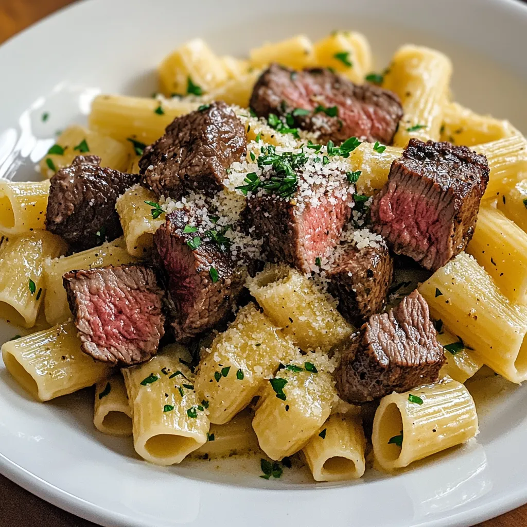 Primer plano de filete con mantequilla de ajo y rigatoni cremoso al parmesano