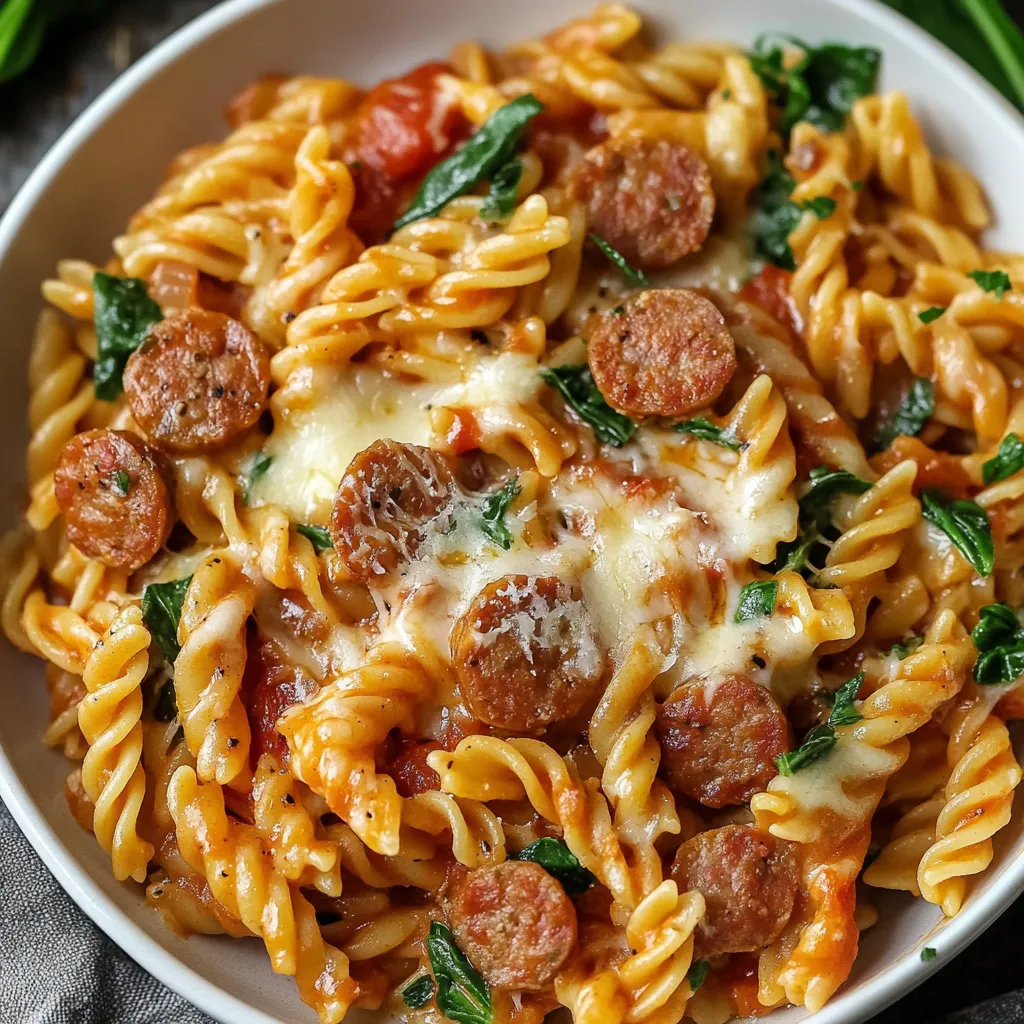 Deliciosa pasta con chorizo y queso en una olla
