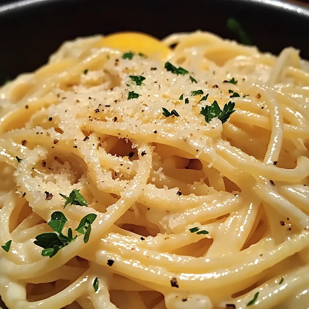 Primer plano de Pasta al Limón, Ajo y Parmesano en Una Olla