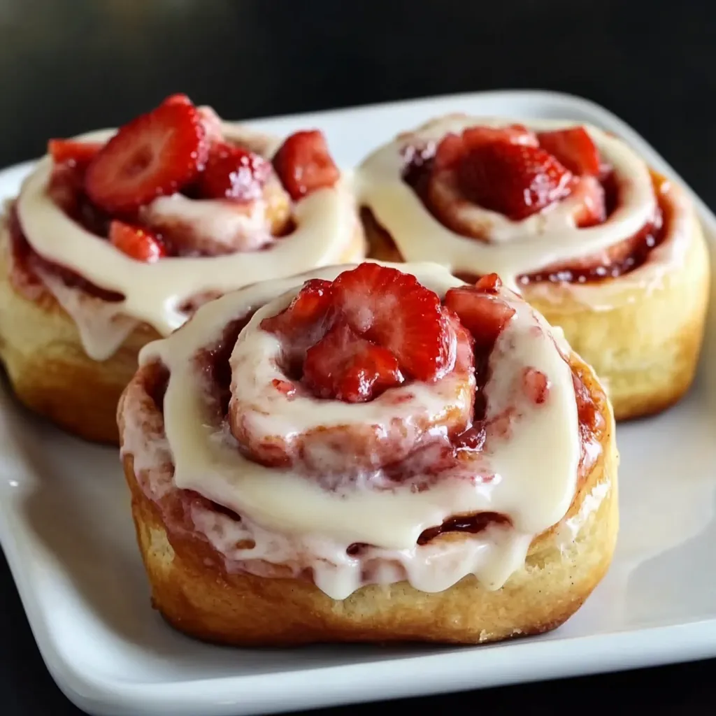 Primer plano de Rollitos Estilo Cinnabon de Tarta de Queso con Fresas