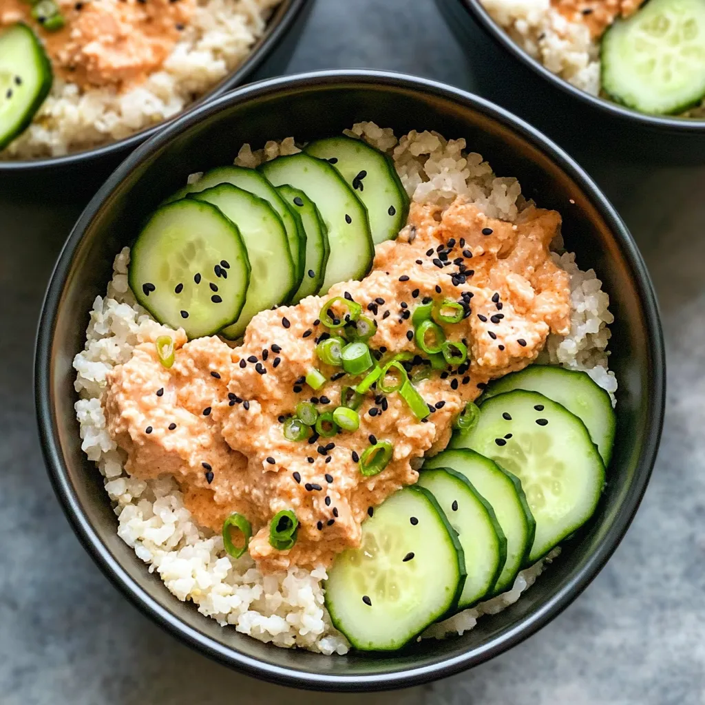 Deliciosos tazones de atún picante con arroz de coliflor