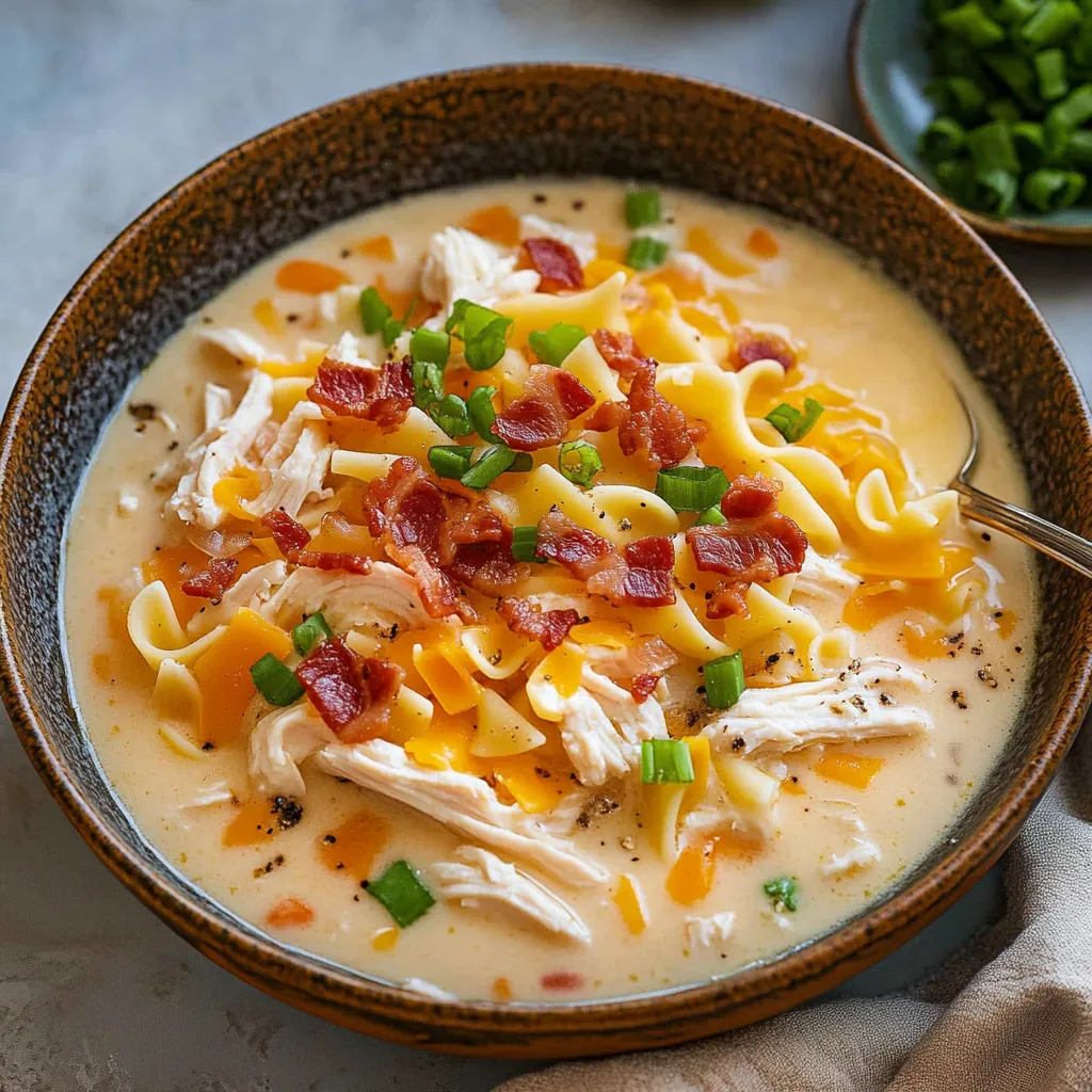 Un tazón de sopa con pollo y fideos, decorada con cebollín.