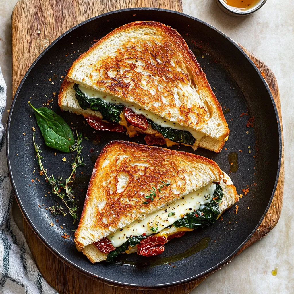 Un sandwich con espinacas y tomates en un plato negro.