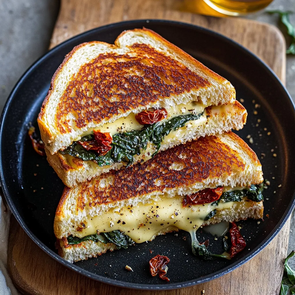 Dos mitades de sándwich a la plancha con tomates y espinacas.