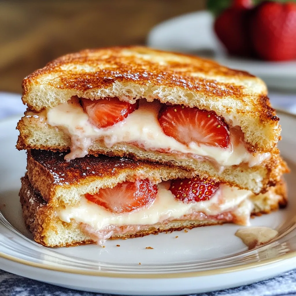 Un sándwich con fresas y nata en un plato.