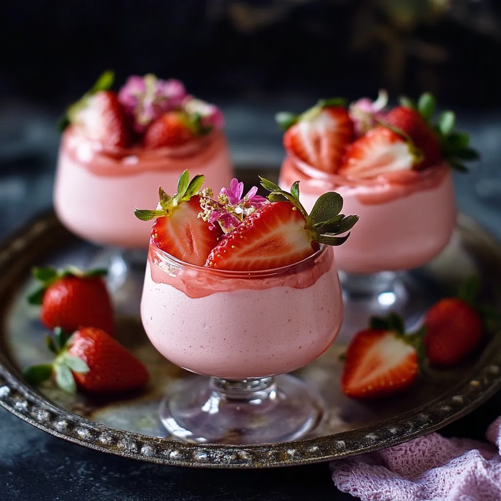 Tres copas de mousse de fresa con fresas frescas encima.