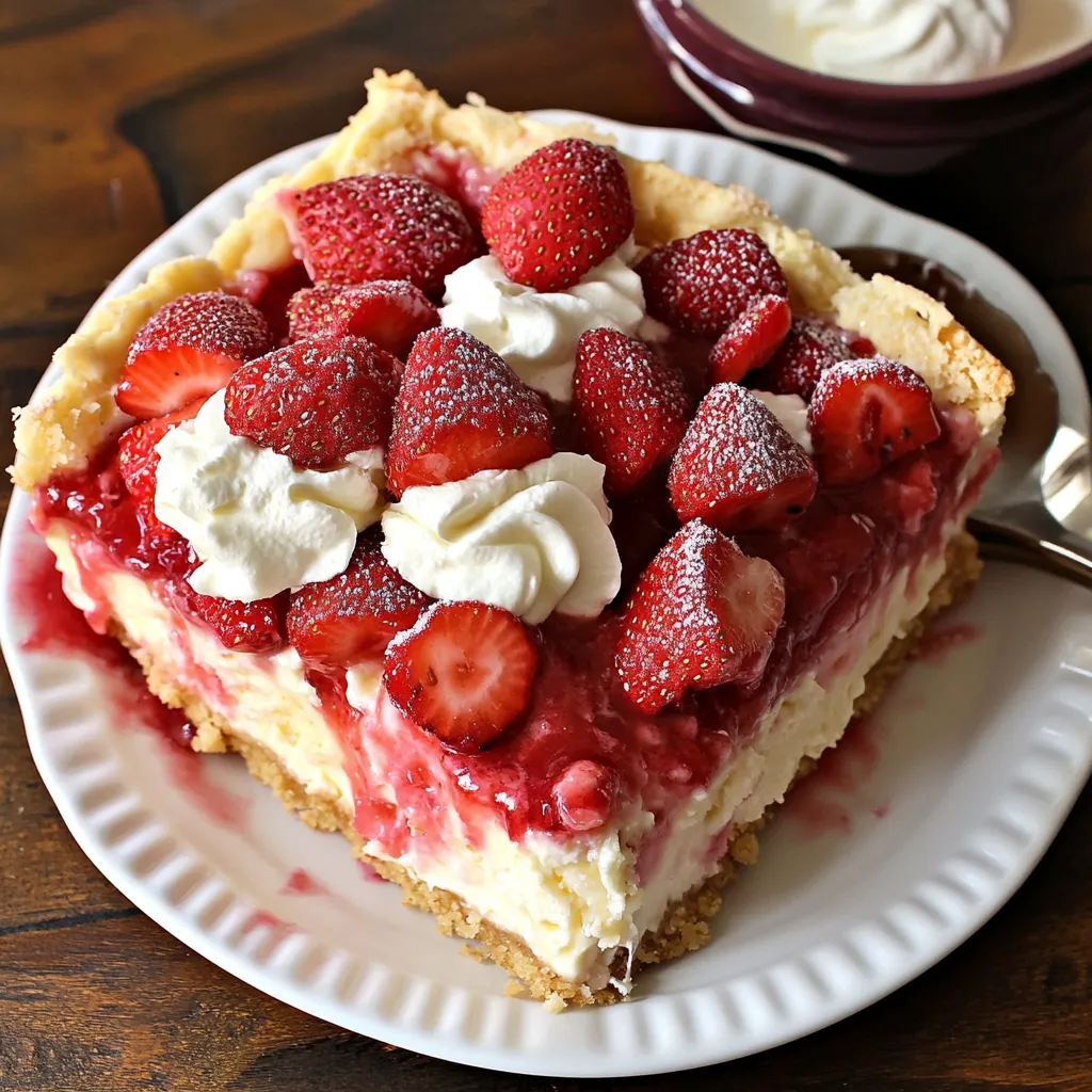 Una porción de tarta de fresas y queso con nata montada en un plato blanco.