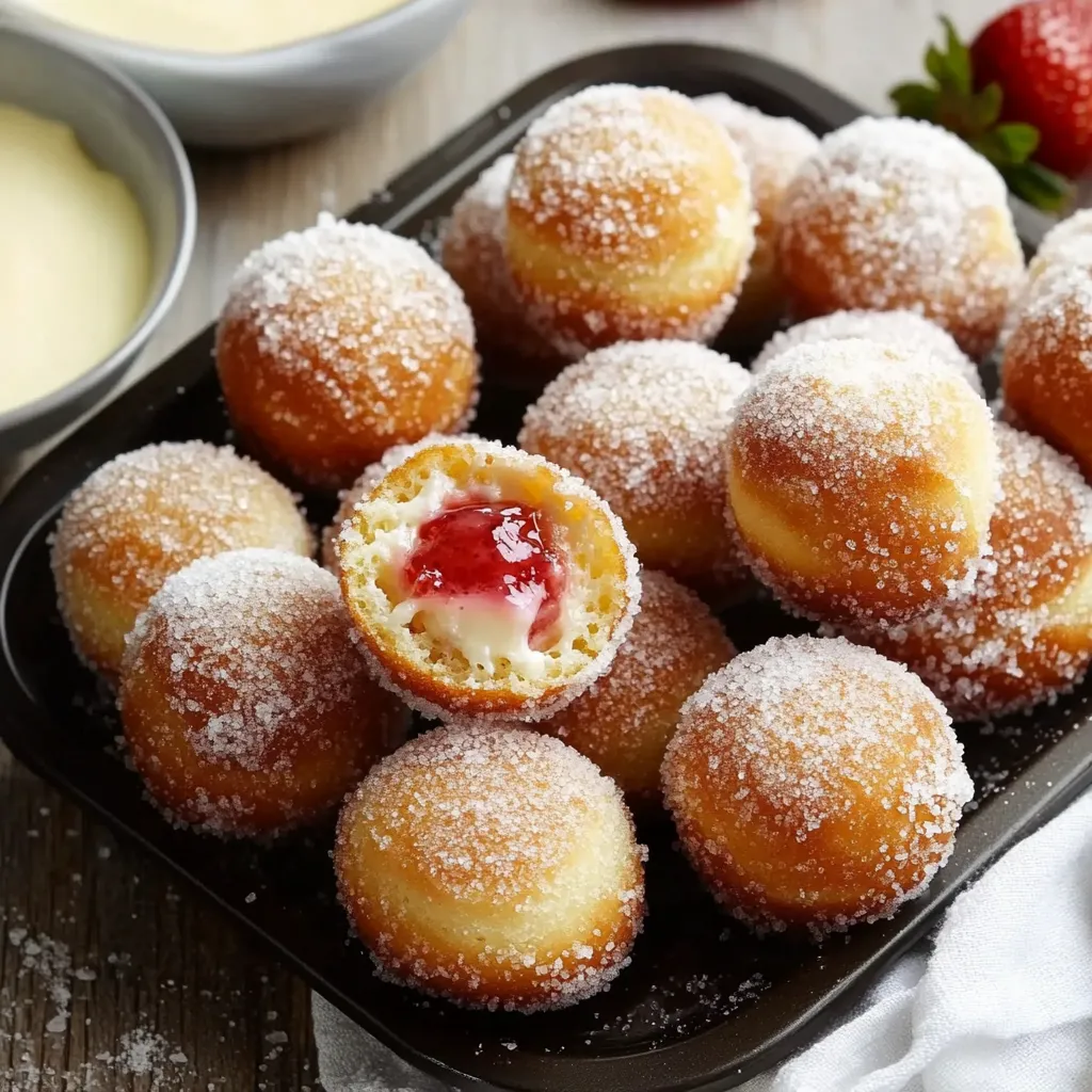 Un plato de buñuelos espolvoreados con azúcar y rellenos de mermelada.