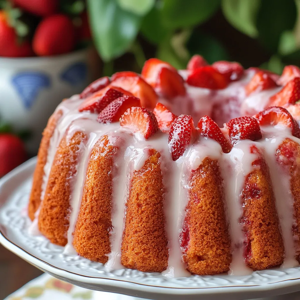 Un bizcocho con fresas encima presentado en un plato.