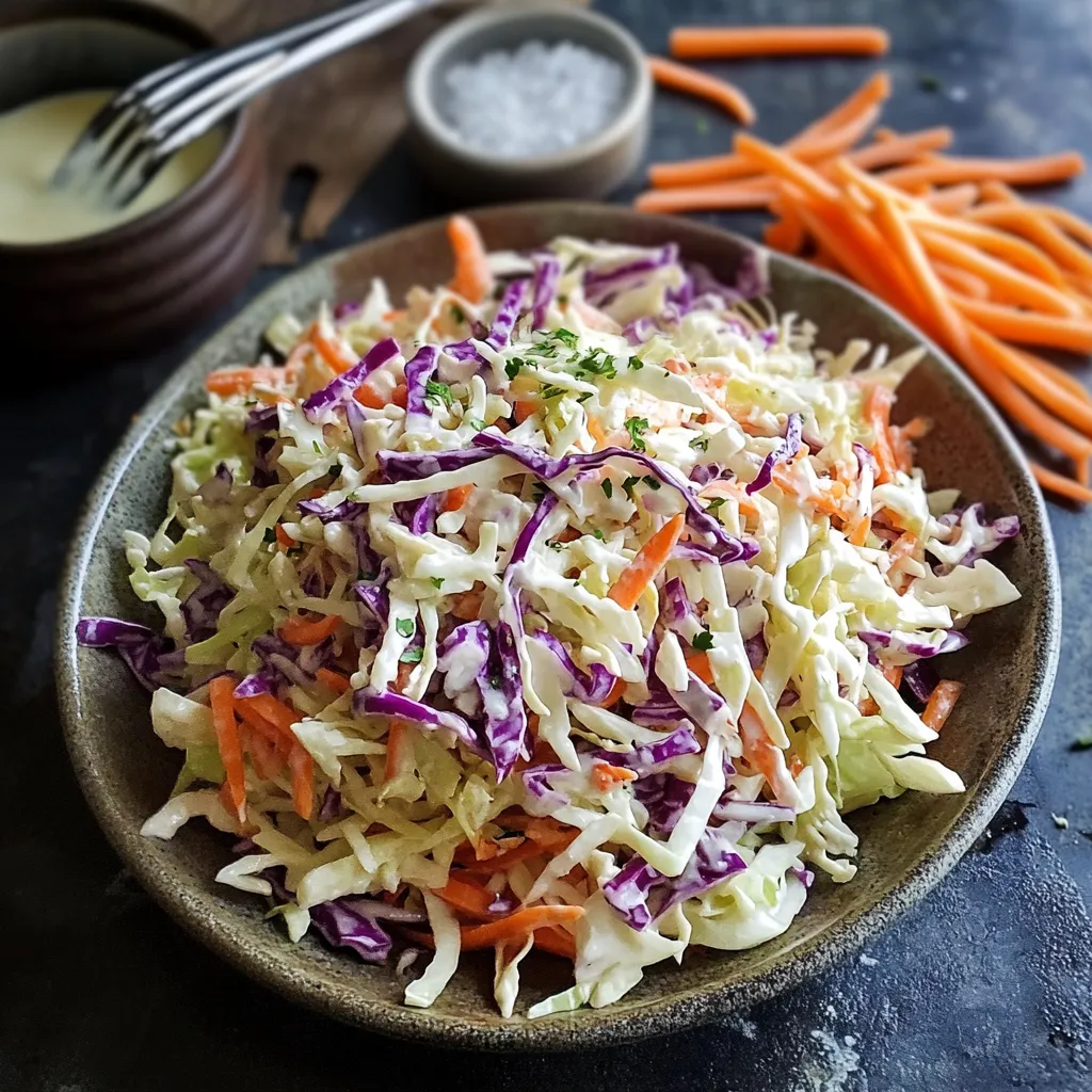 Un tazón de ensalada de col con tenedor y cuchara.