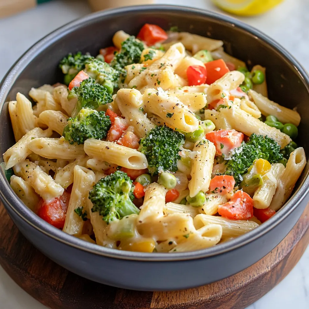 Un plato de pasta con brócoli y jitomates.