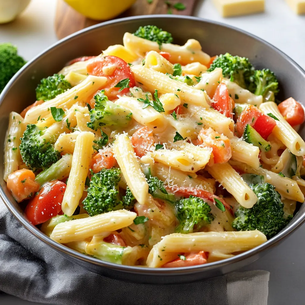 Un plato de pasta con tomates y brócoli.