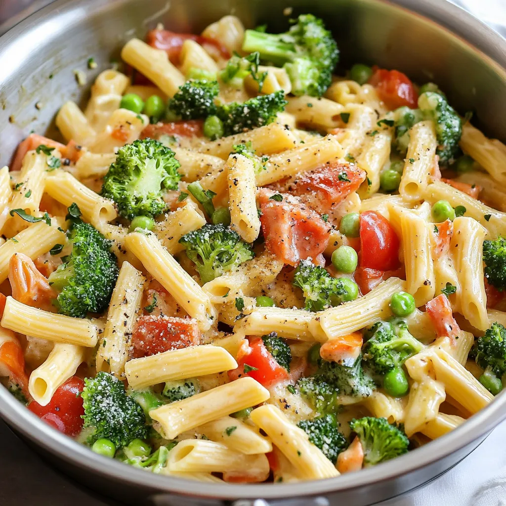 Un plato de pasta con tomates, brócoli y guisantes.