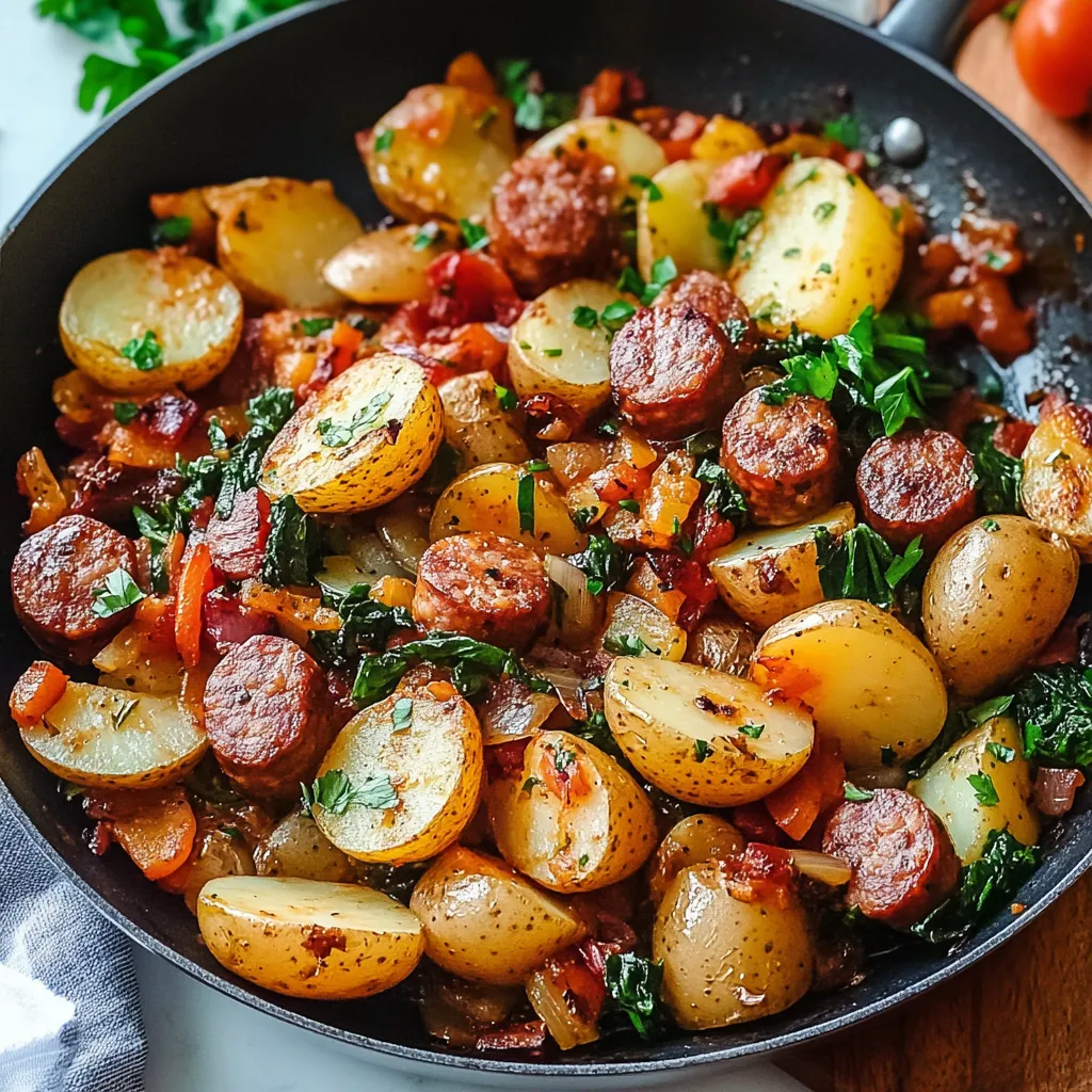 Un plato delicioso de papas y salchichas cocinado en sartén, listo para disfrutar.