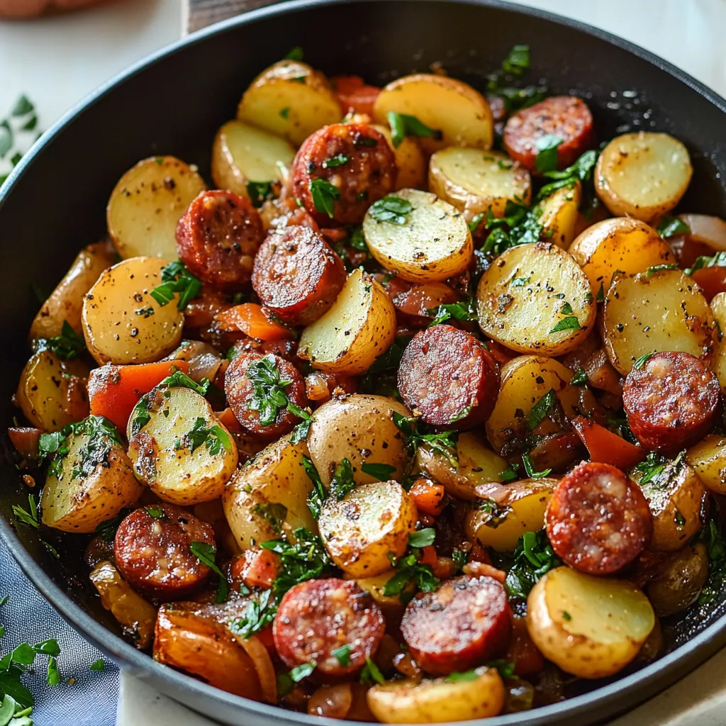 Un plato negro lleno de una deliciosa comida de chorizo, patatas y verduras.