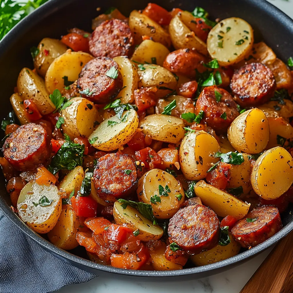 Un plato de chorizo y patatas con guarnición verde.