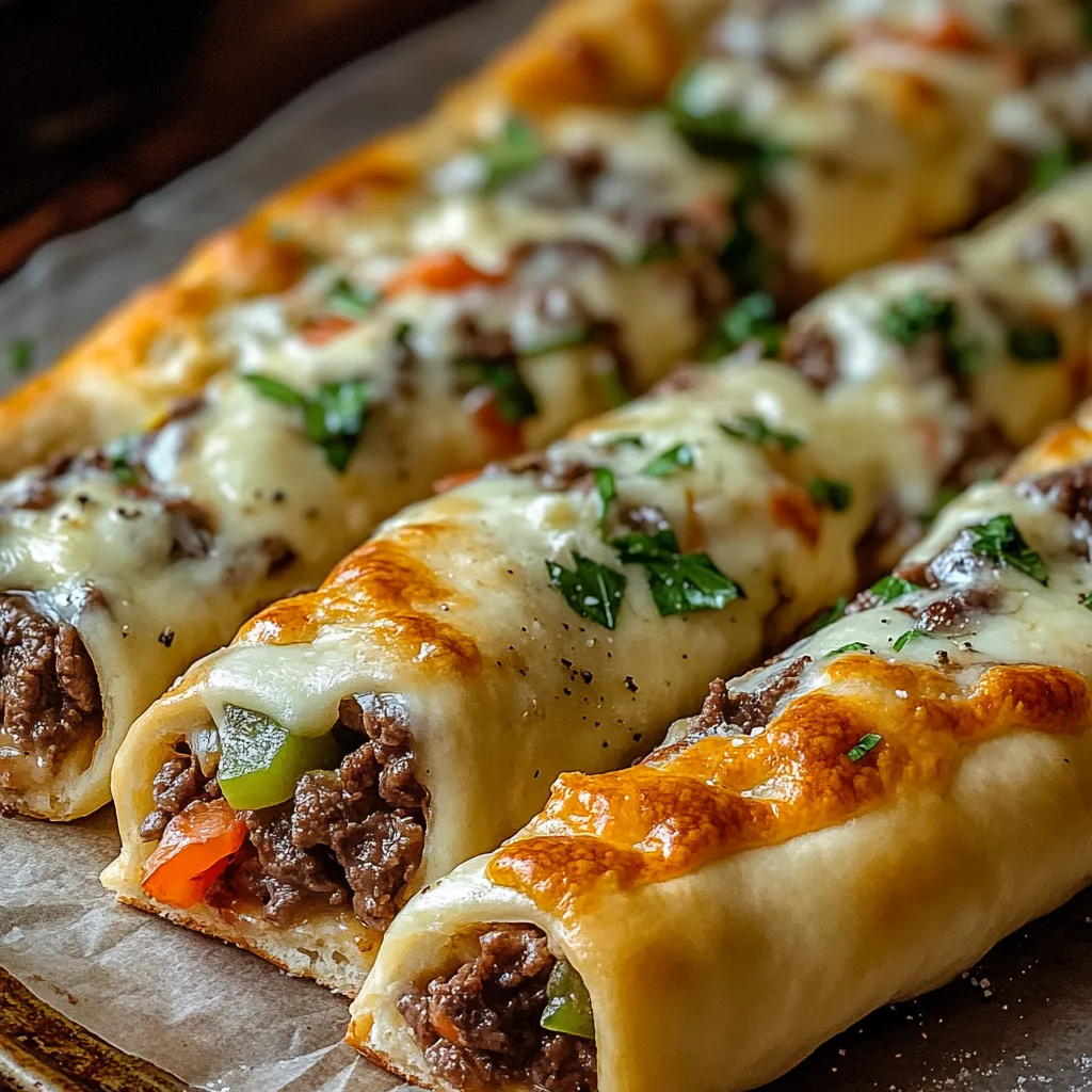 Un plato con pan relleno de carne y queso sobre una mesa.