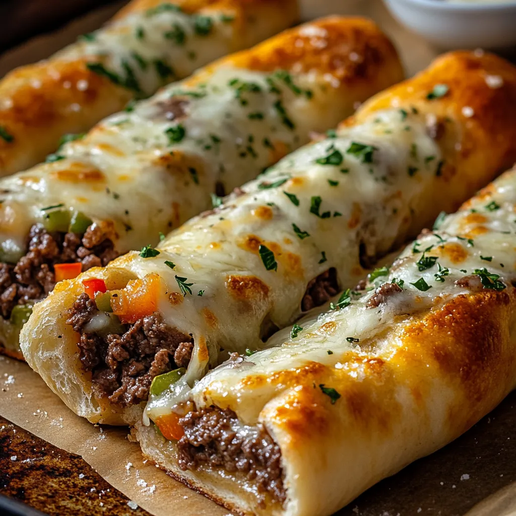 Un delicioso pan relleno de carne y queso sobre una tabla de madera.