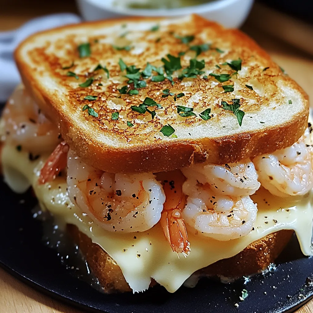 Un sandwich con camarones y queso en un plato negro.