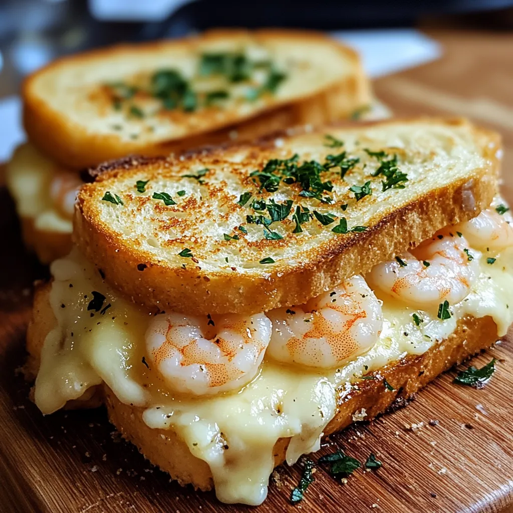 Un sandwich con camarones y queso sobre una tabla de madera.