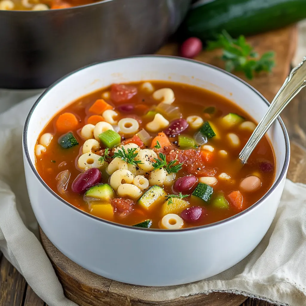 Un tazón de sopa con pasta, verduras y una cuchara.