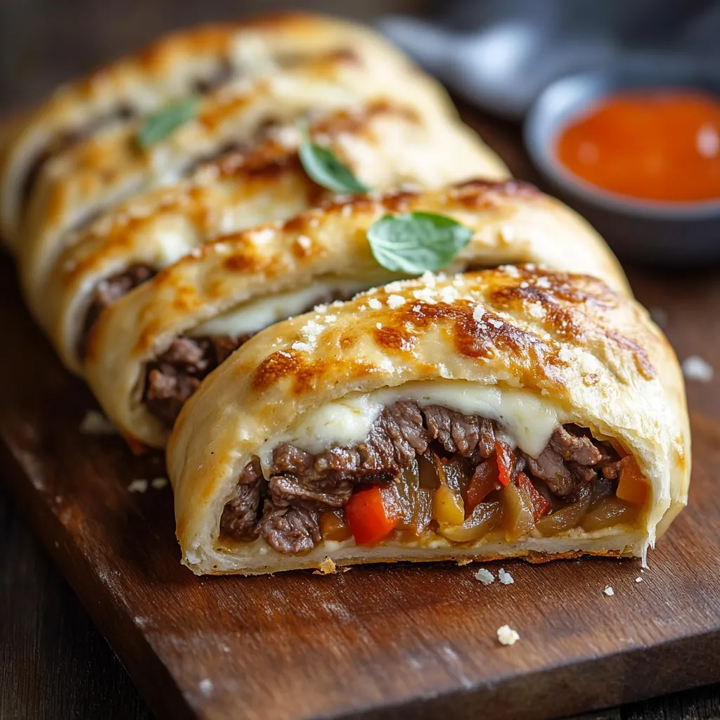 Dos piezas de stromboli rellenas de carne con queso y verduras.