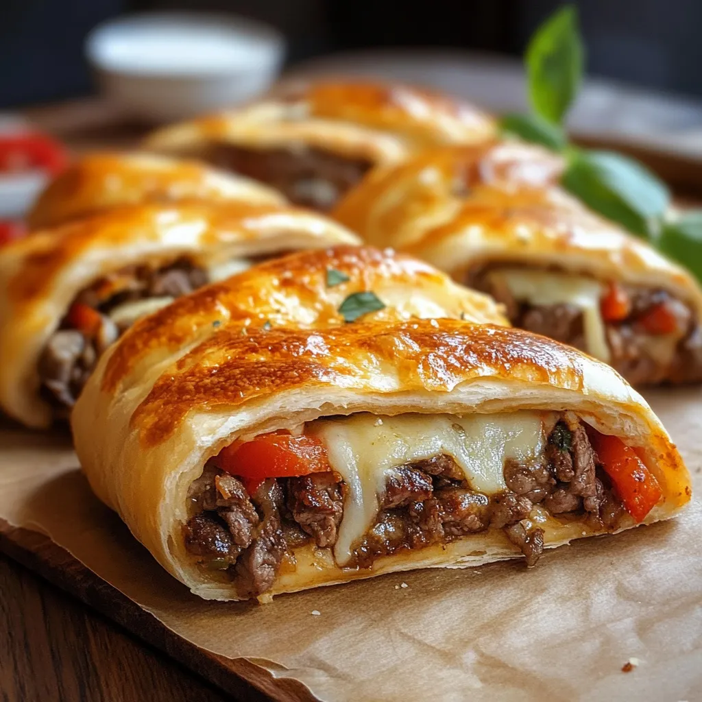 Un delicioso stromboli relleno de carne y verduras, listo para disfrutar.