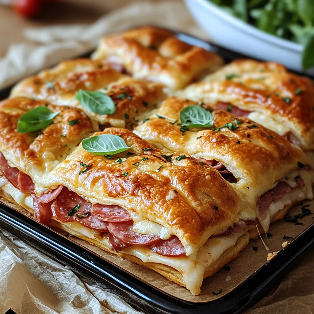 Una bandeja de sandwiches de carne y queso con hojas verdes encima.