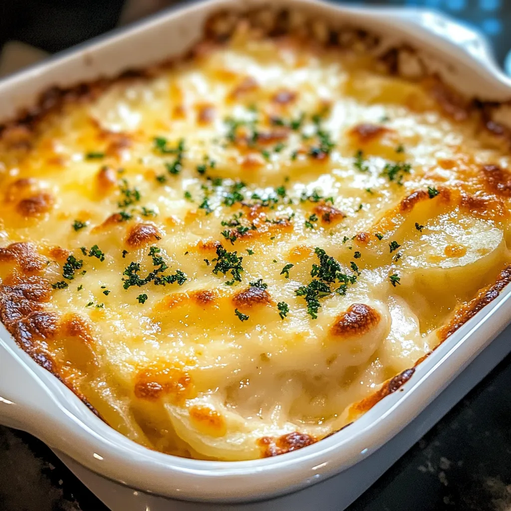 Gratín de patatas dorado y burbujeante en fuente de horno