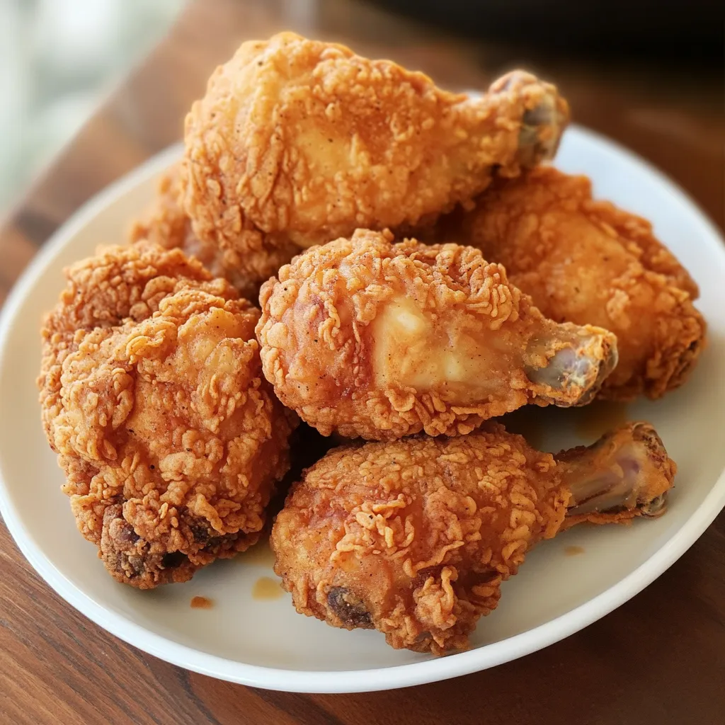 Un plato de pollo frito sobre una mesa de madera.