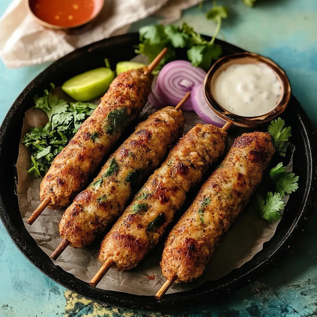 Un plato con brochetas de carne y un tazón de salsa.