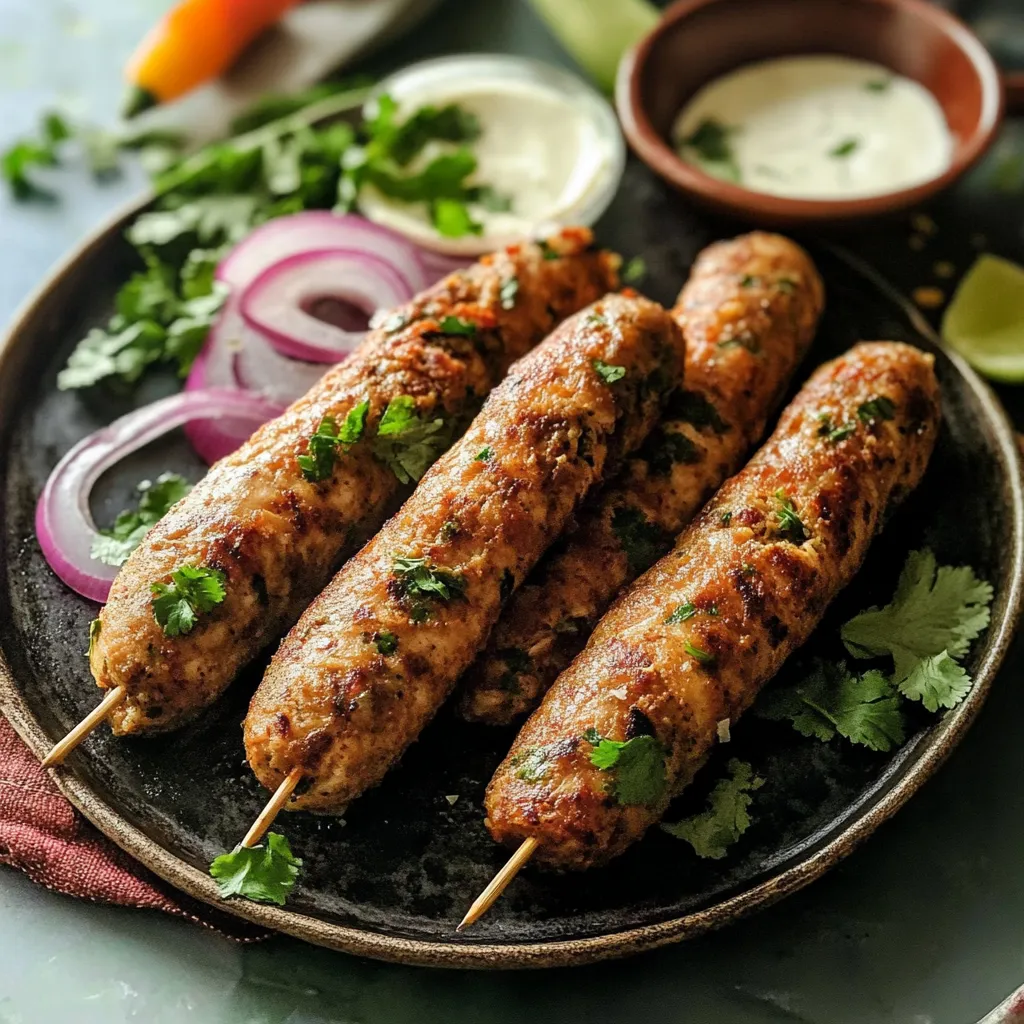 Dos brochetas de carne con cebollas y salsa en un plato.