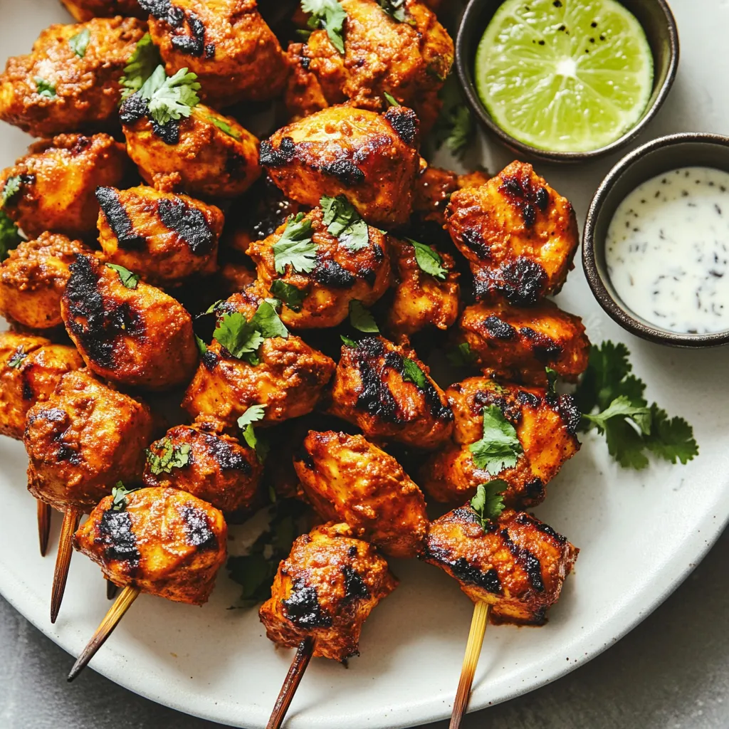 Un plato con brochetas de pollo marinado, acompañado de una salsa y rodajas de limón.