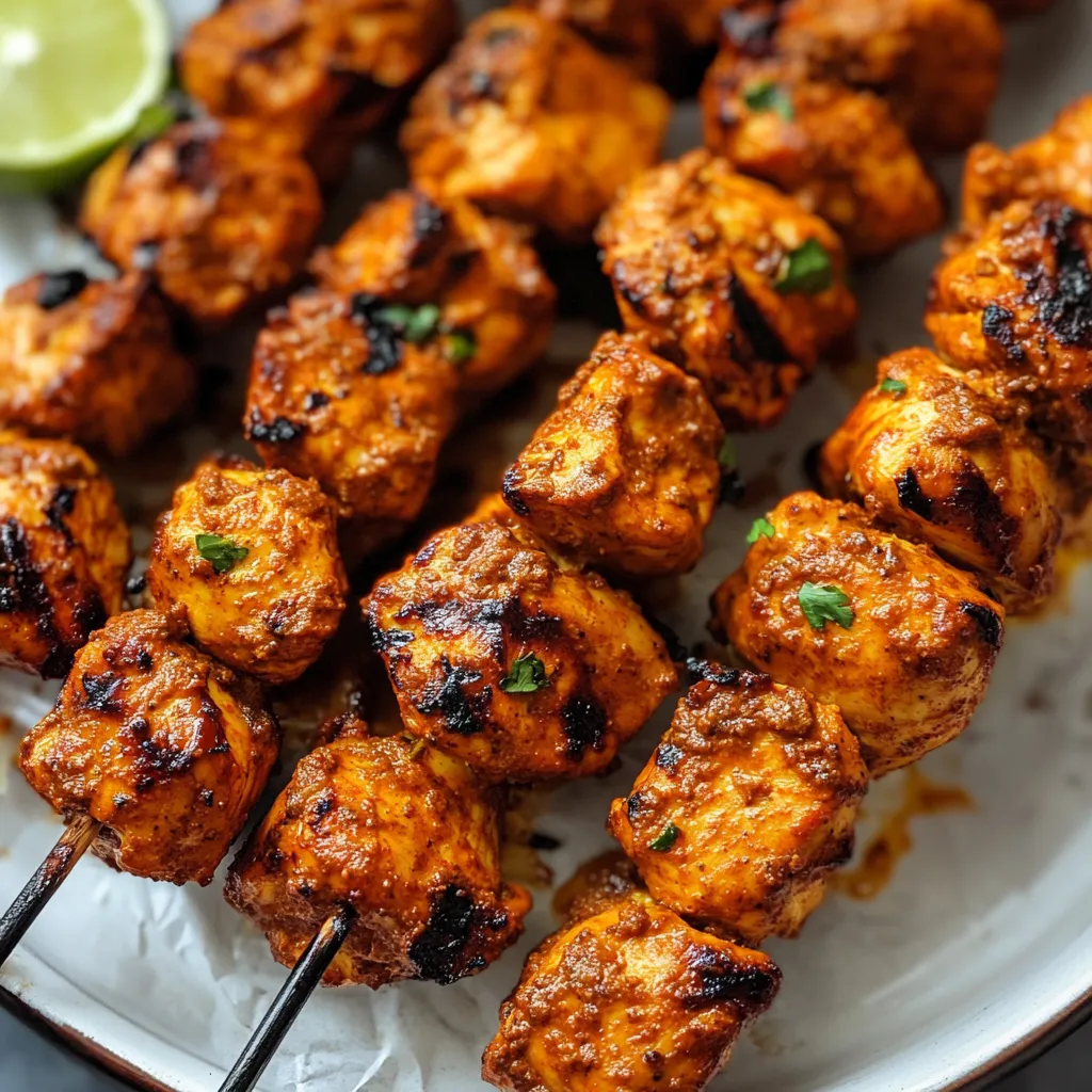 Un plato de pinchos de carne marinada con guarnición de gajos de limón verde.