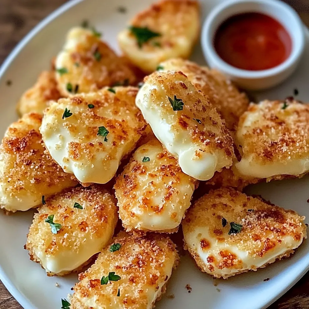 Un plato de palitos de queso con salsa para mojar.