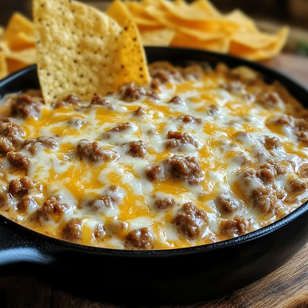 Una deliciosa salsa de queso con chorizo y un nacho encima