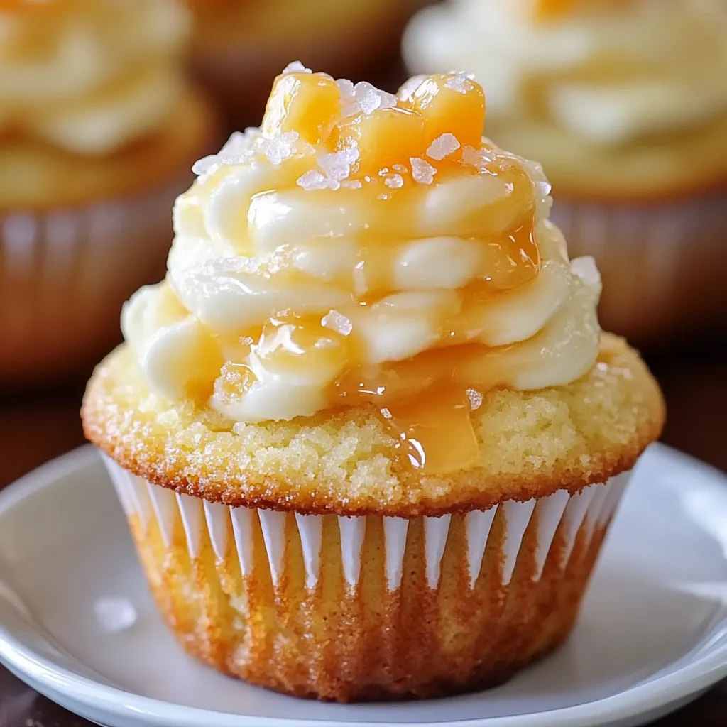 Un cupcake con glaseado blanco y salsa amarilla encima.